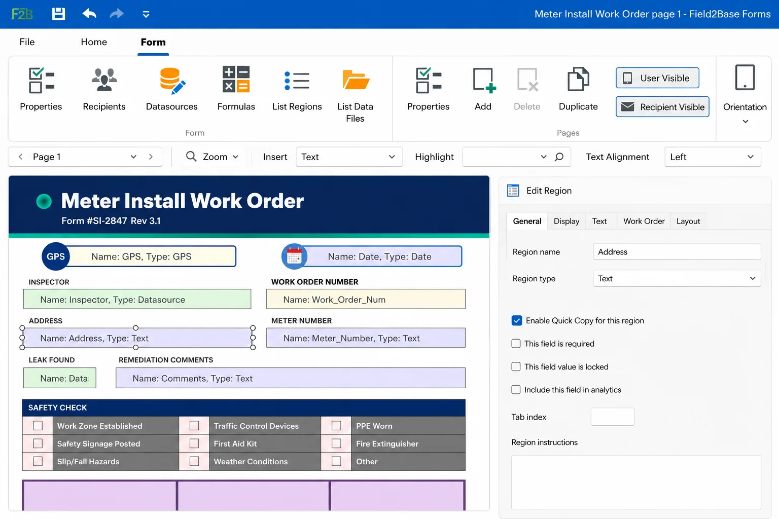 Field2Base Forms Designer — drag-and-drop form builder with ribbon toolbar, form canvas, and Edit Region panel