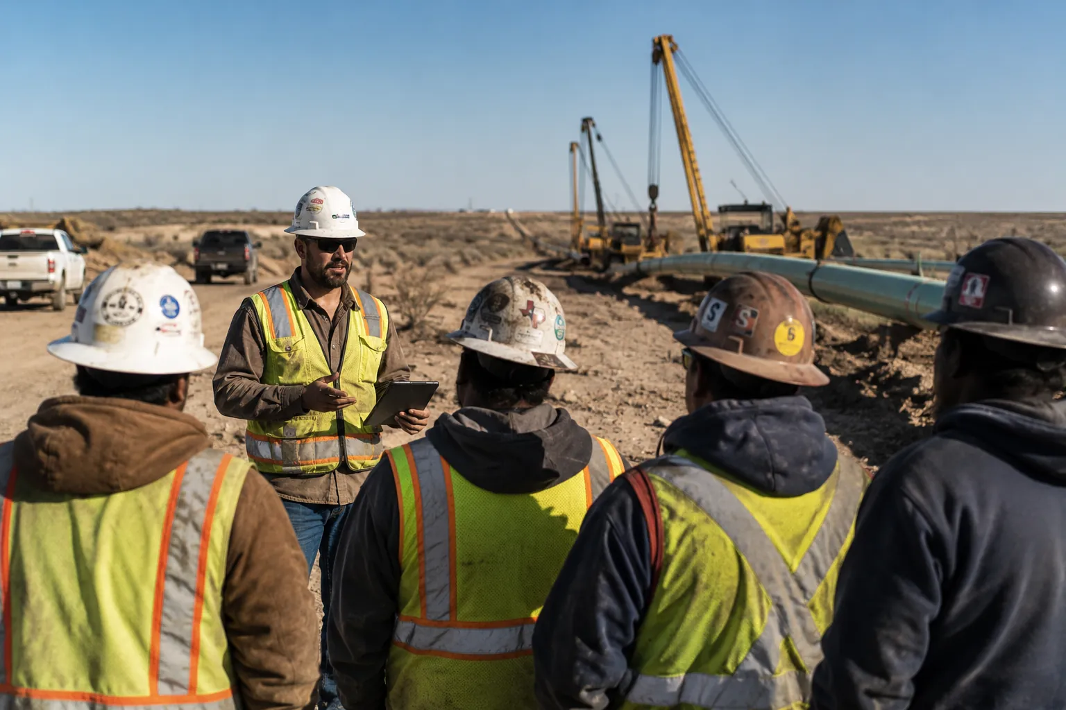 Pipeline construction crew reviewing a tablet in the field