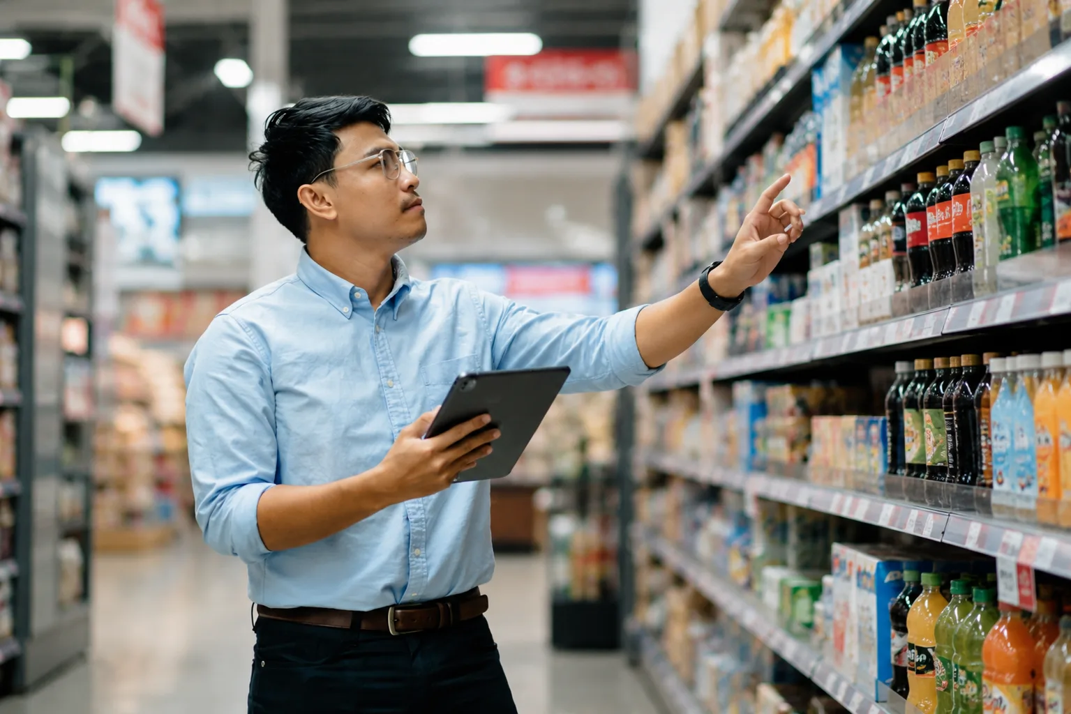 Store associate using a tablet to inspect shelf conditions in a retail aisle